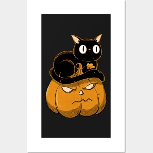 Black cat on halloween pumpkin Posters and Art